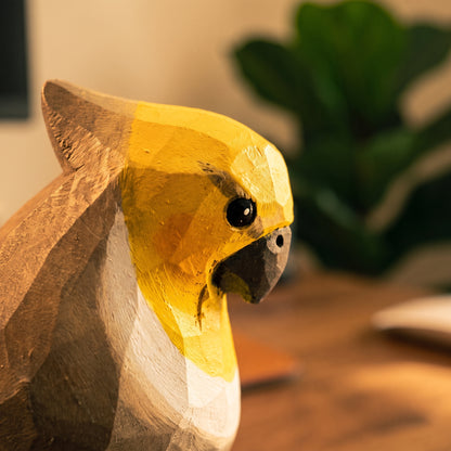 Hand Carved & Hand Painted Cockatiel Figurine | Basswood with Black Walnut Base | Gray & White