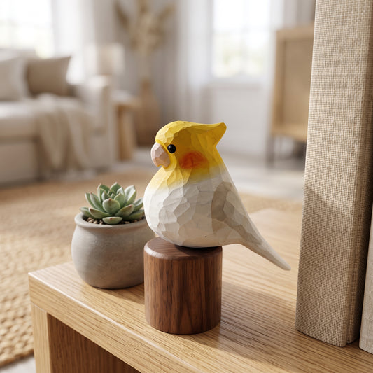 Hand Carved & Hand Painted Cockatiel Figurine | Basswood with Black Walnut Base | Gray & White