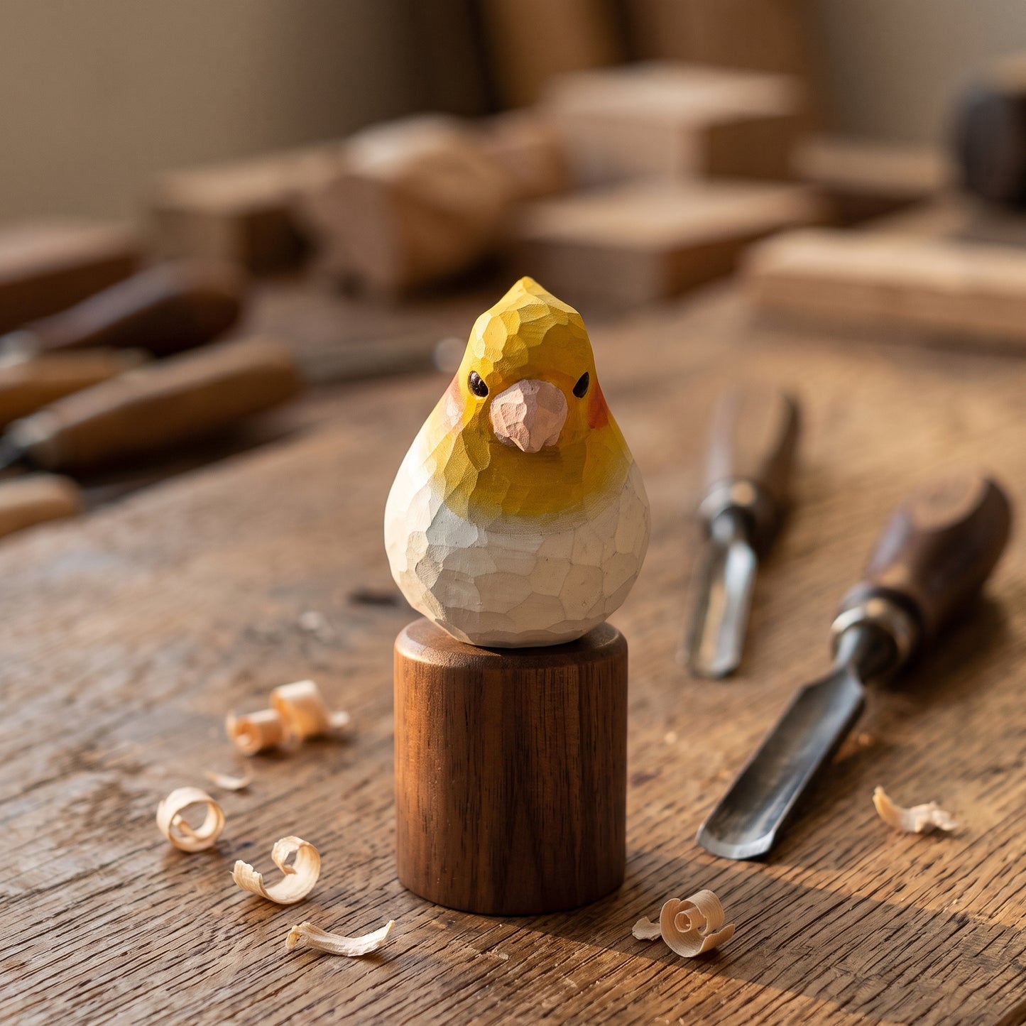Hand Carved & Hand Painted Cockatiel Figurine | Basswood with Black Walnut Base | Gray & White