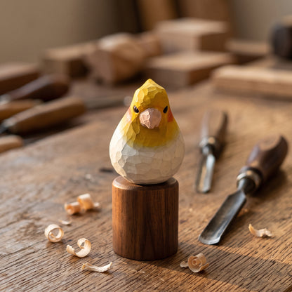 Hand Carved & Hand Painted Cockatiel Figurine | Basswood with Black Walnut Base | Gray & White