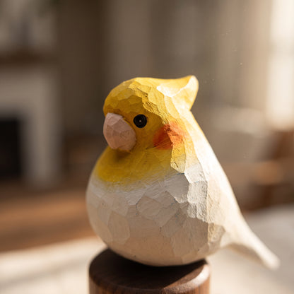 Hand Carved & Hand Painted Cockatiel Figurine | Basswood with Black Walnut Base | Gray & White