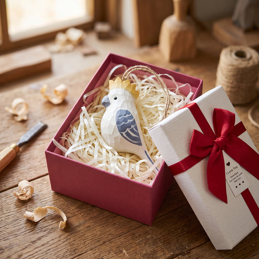 A white Cockatoo-shaped ornament with blue wing details and a gold crown, nestled in white paper shred inside a pink gift box, with a white gift box tied in red ribbon beside it on a wooden table.