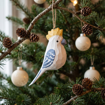 A geometric, paper-folding-style cockatoo Christmas ornament hanging from a tree branch with pinecones and holiday lights in the background.