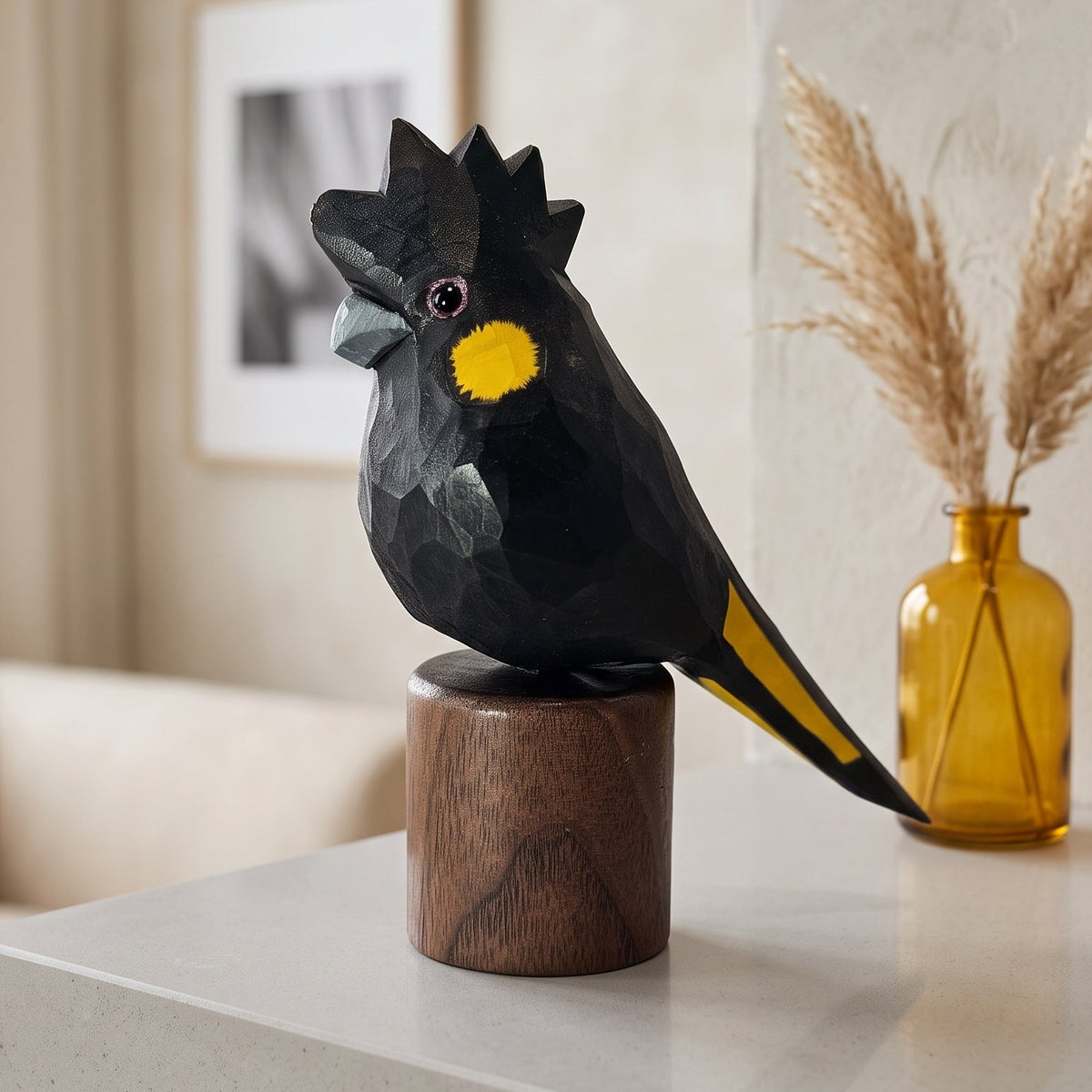 Hand-carved basswood Yellow-tailed Black Cockatoo statuette on wooden display base