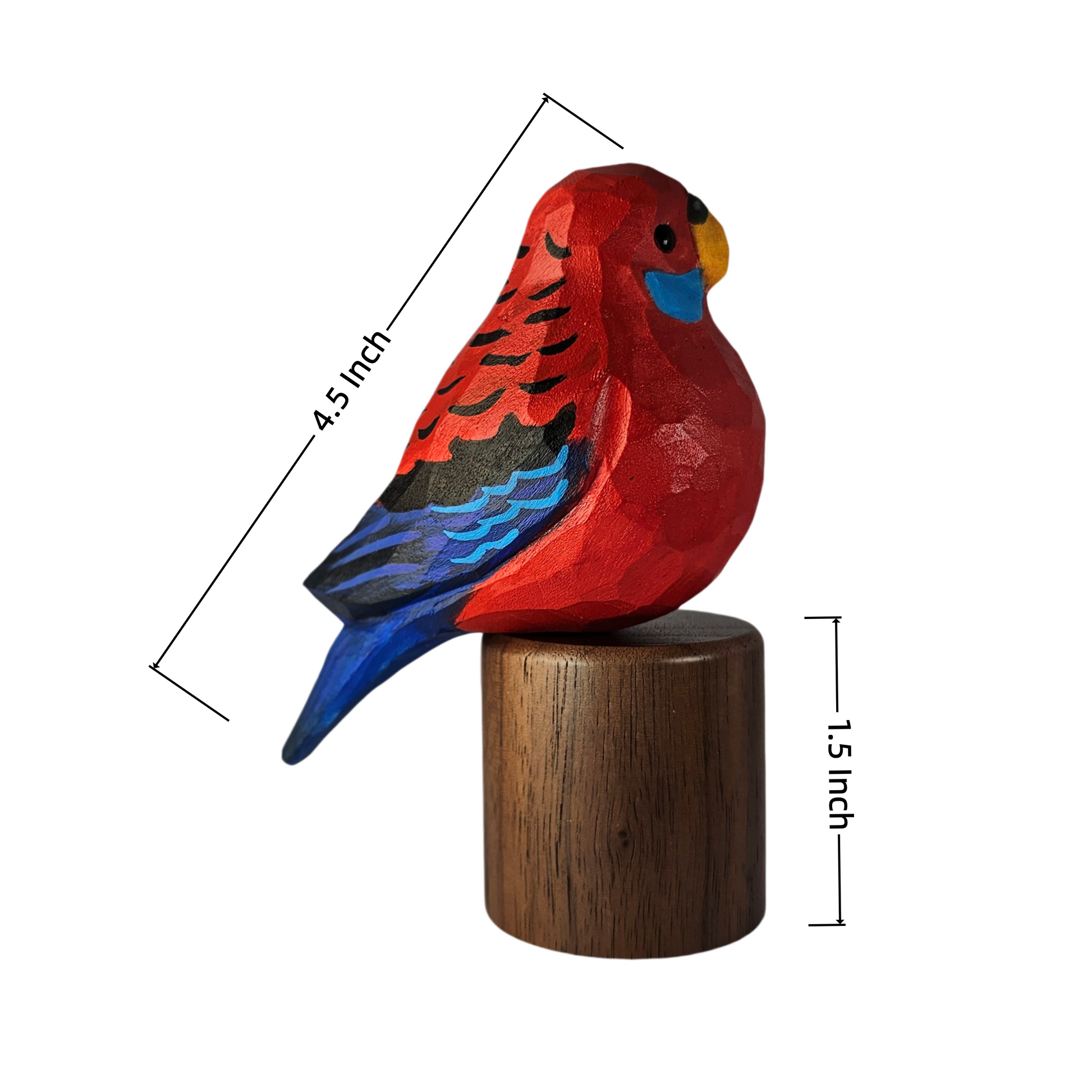 A painted Crimson rosella figurine perched on a cylindrical wooden base, shown on a white background with dimension lines indicating 4.5 inch length and 1.