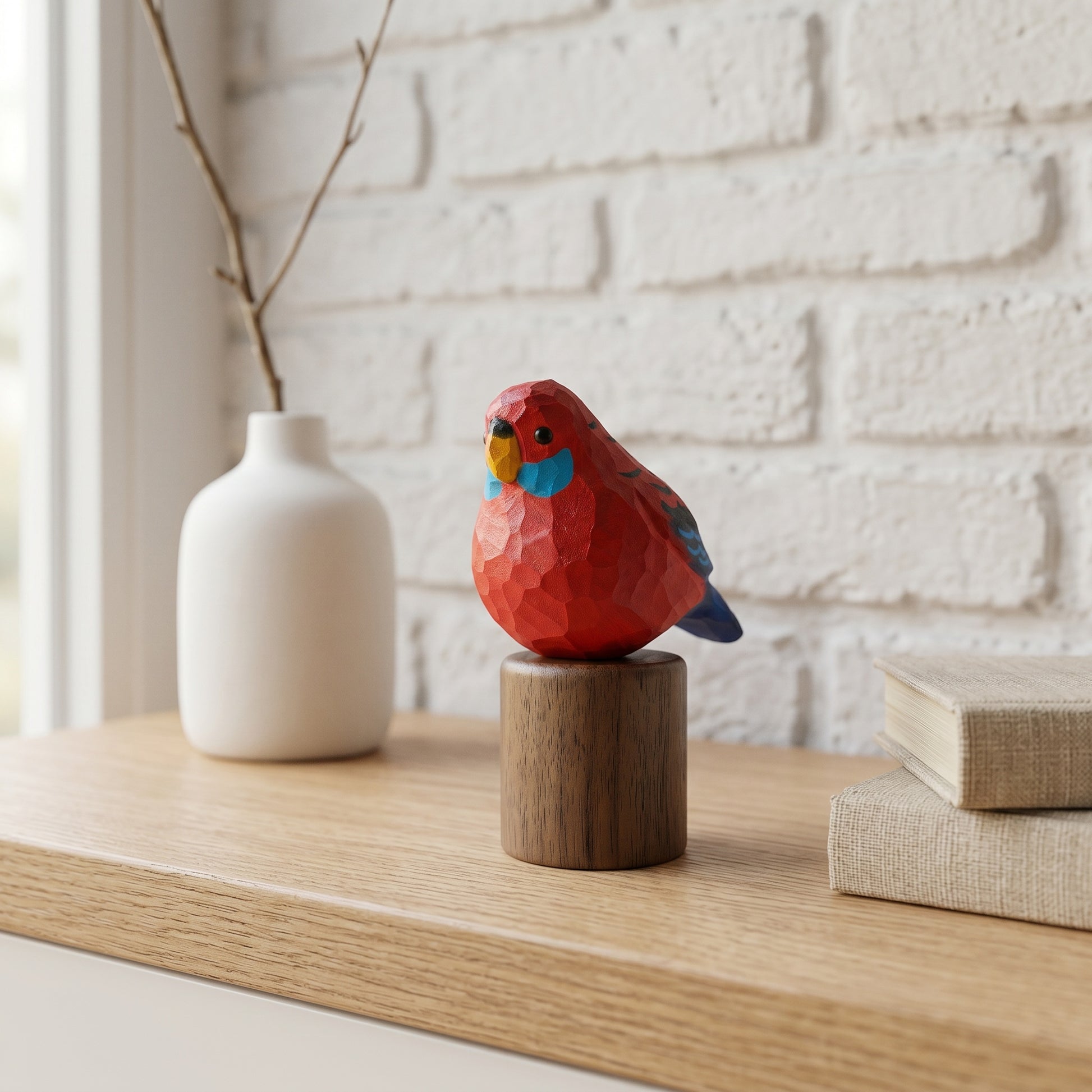 A colorful geometric Crimson rosella figurine in red, blue, yellow, and orange perched on a small wooden cylinder, displayed on a light wood tabletop with a white brick wall, a white vase, and stacked books in the background.