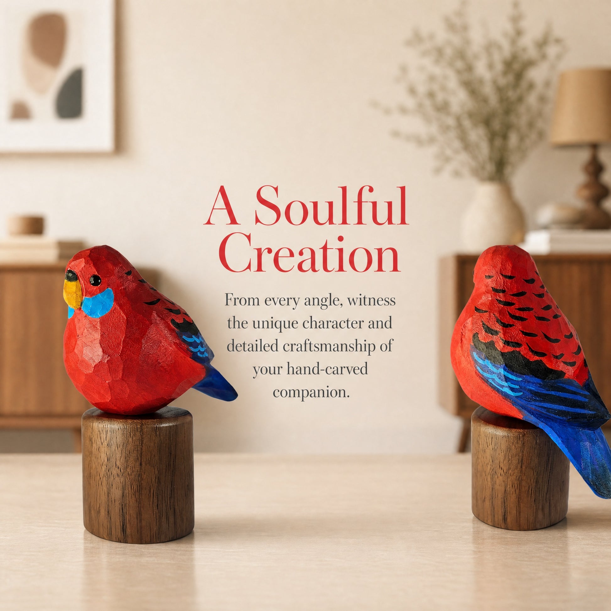 Two hand-carved wooden Crimson rosella figurines in bright red, blue, and yellow, displayed on cylindrical wooden pedestals in a softly lit home interior. Centered red text reads 'A Soulful Creation' with smaller descriptive copy below.