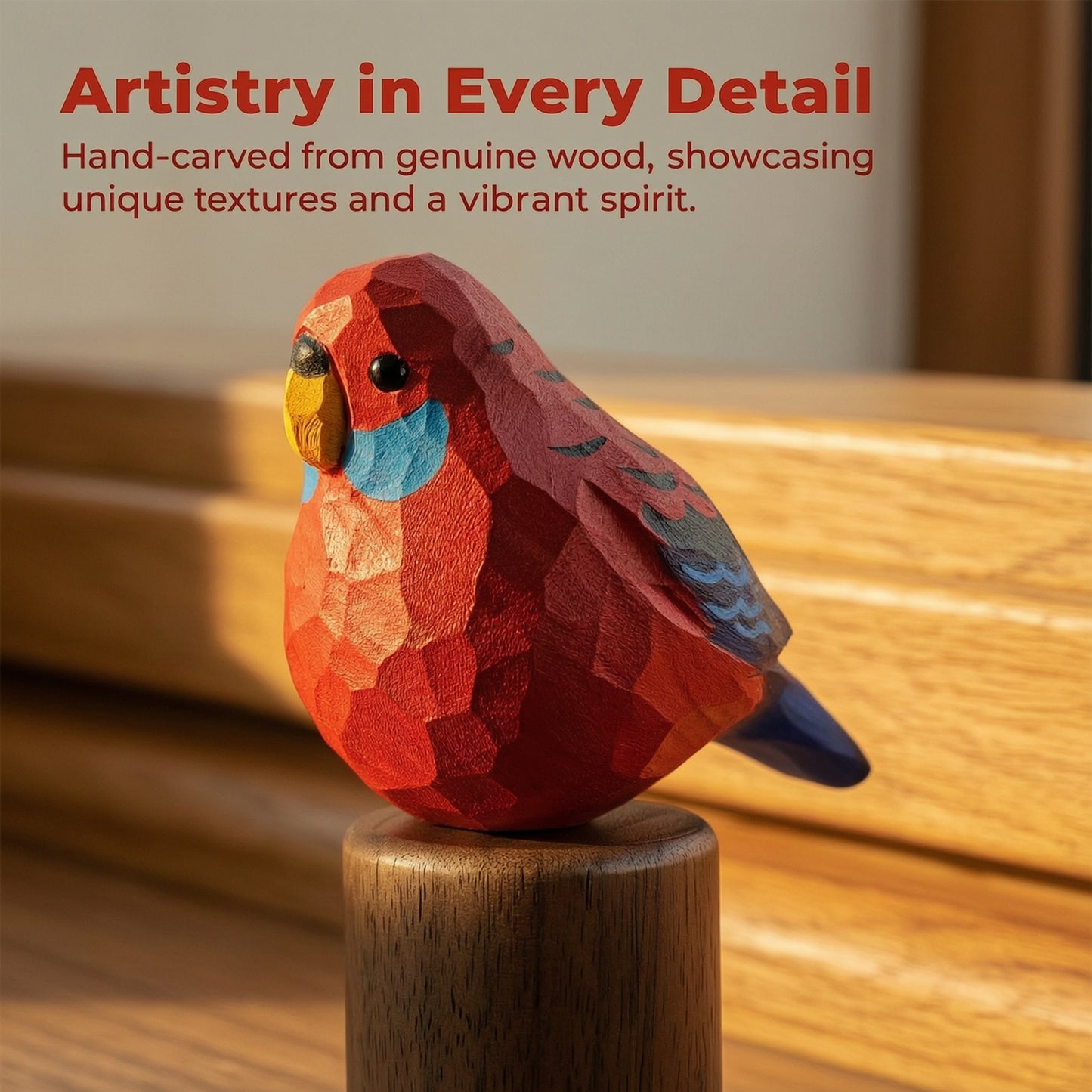 Close-up of a hand-carved wooden Crimson Rosella figurine on a Black Walnut base with overlay text reading "Artistry in Every Detail."