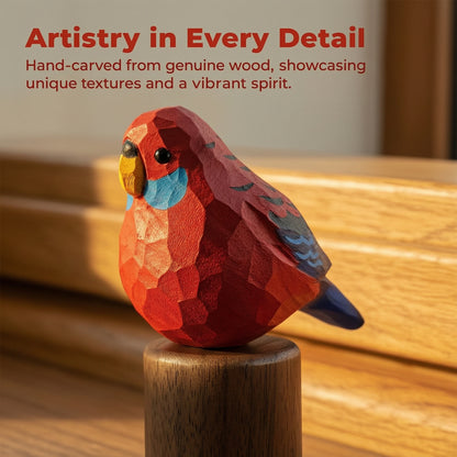 Close-up of a hand-carved wooden Crimson Rosella figurine on a Black Walnut base with overlay text reading "Artistry in Every Detail."