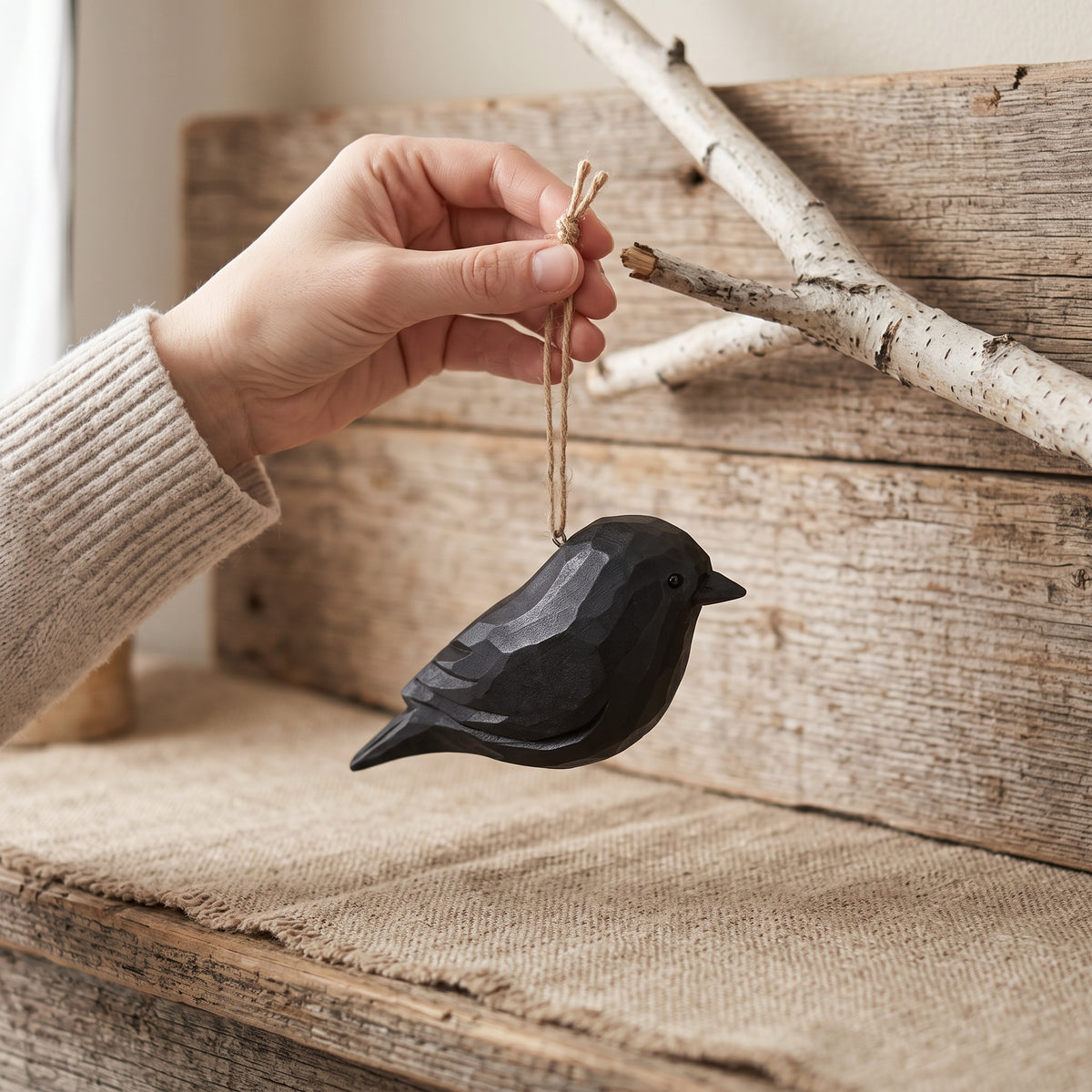 A hand wearing a beige ribbed sweater holds a small black bird-shaped hanging ornament with a natural twine loop, set against rustic wooden boards and a white birch branch.