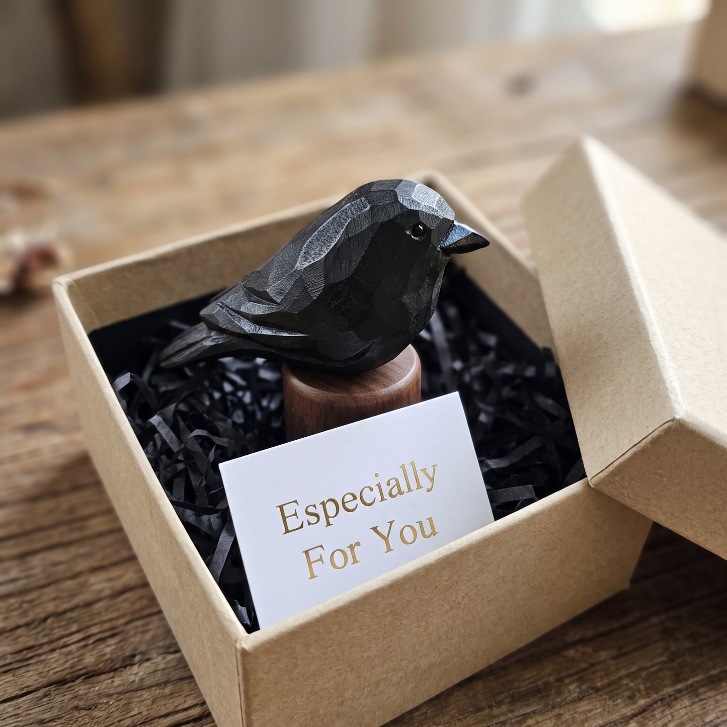 Hand Carved & Hand Painted Crow Figurine | Basswood with Black Walnut Base
