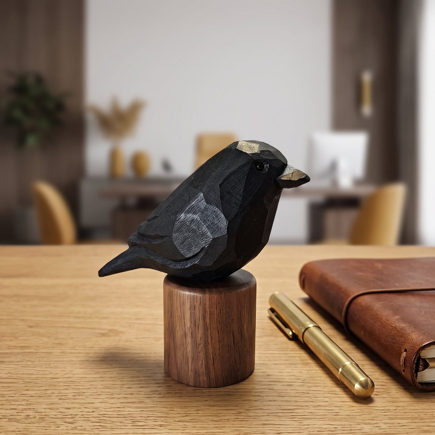 Hand Carved & Hand Painted Crow Figurine | Basswood with Black Walnut Base