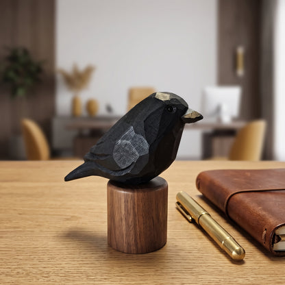 Hand Carved & Hand Painted Crow Figurine | Basswood with Black Walnut Base