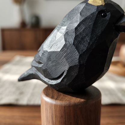 Hand Carved & Hand Painted Crow Figurine | Basswood with Black Walnut Base