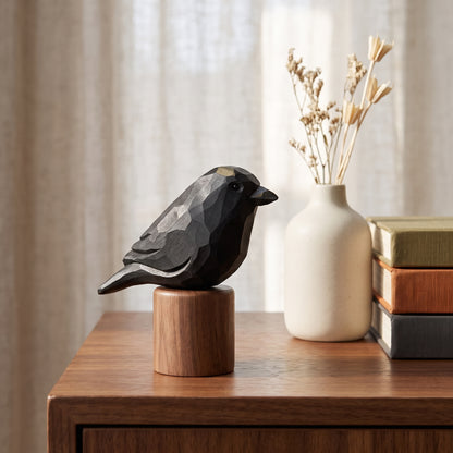 Hand Carved & Hand Painted Crow Figurine | Basswood with Black Walnut Base