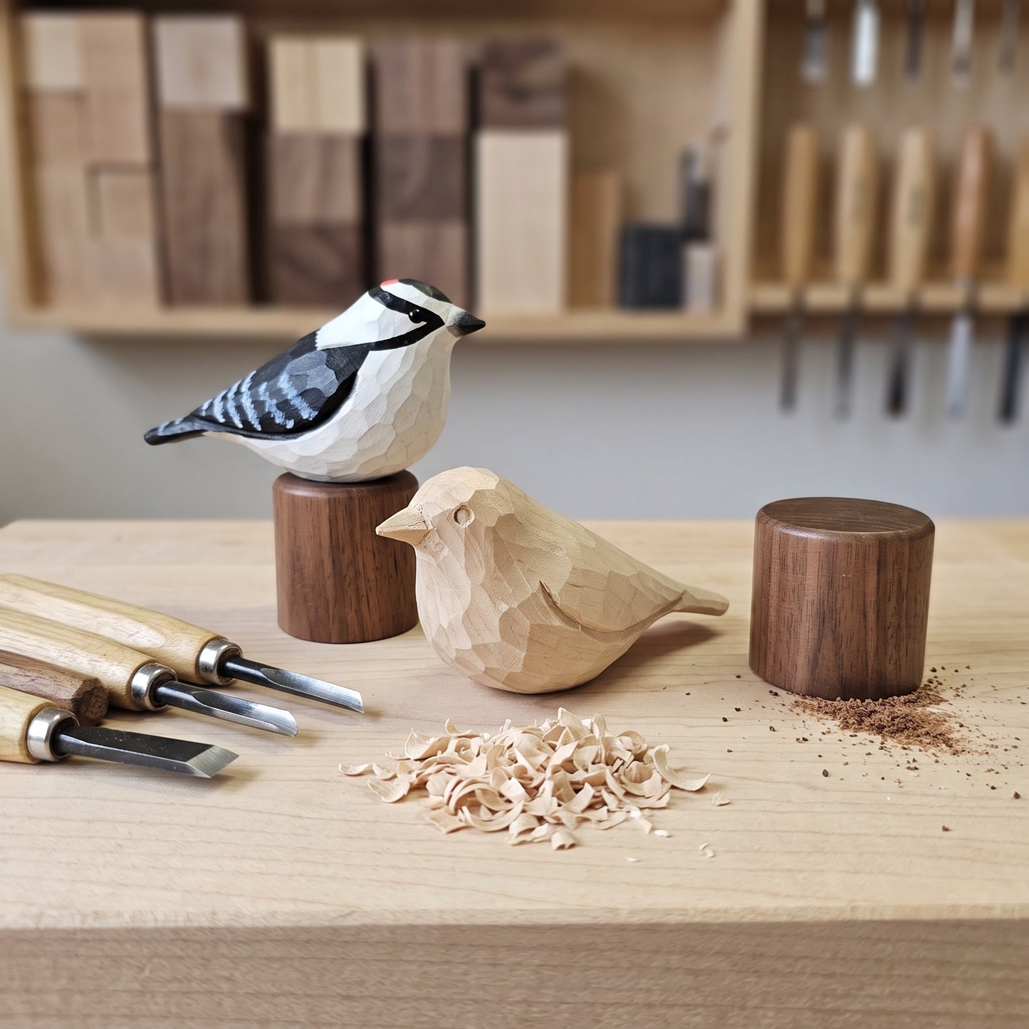 Two geometric wooden Downy Woodpecker carvings displayed on a workbench with carving tools and wood shavings. One bird is carved from light natural wood and sits on a cylindrical stand, while the other is carved from darker wood and stands on a larger dark wooden base.
