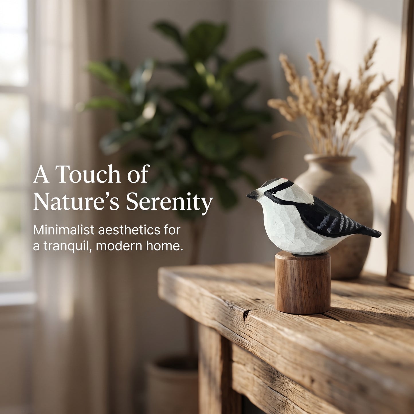 A small Downy Woodpecker figurine with a white body, black wing and eye markings, and a natural wood base, displayed on a rustic wooden table in a softly lit home interior. Text on the left reads, 'A Touch of Nature's Serenity' and 'Minimalist aesthetics for a tranquil, modern home.