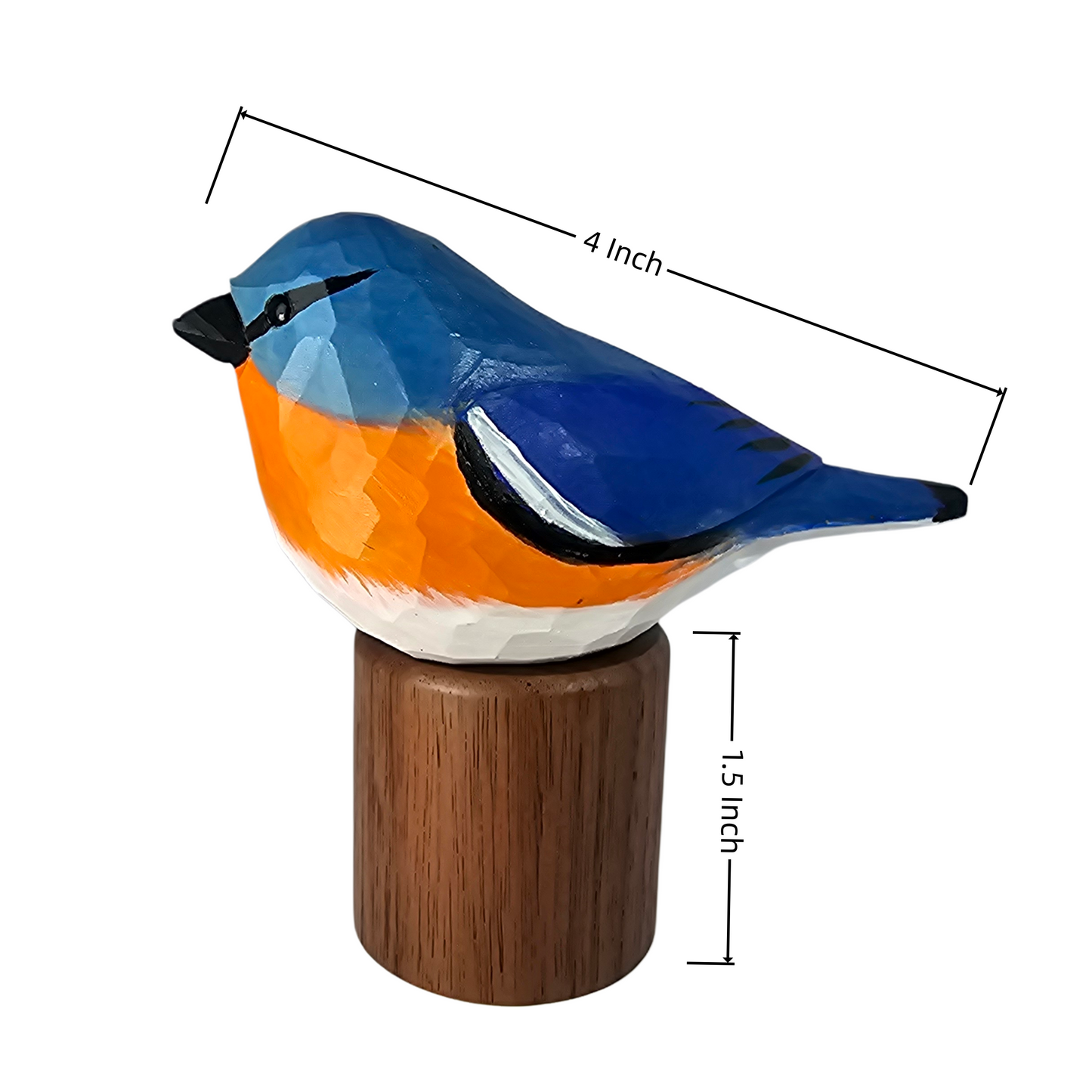 A painted Eastern Bluebird figurine perched on a small wooden base, shown on a white background with dimension lines indicating 4 inch length and 1.5 inch height.