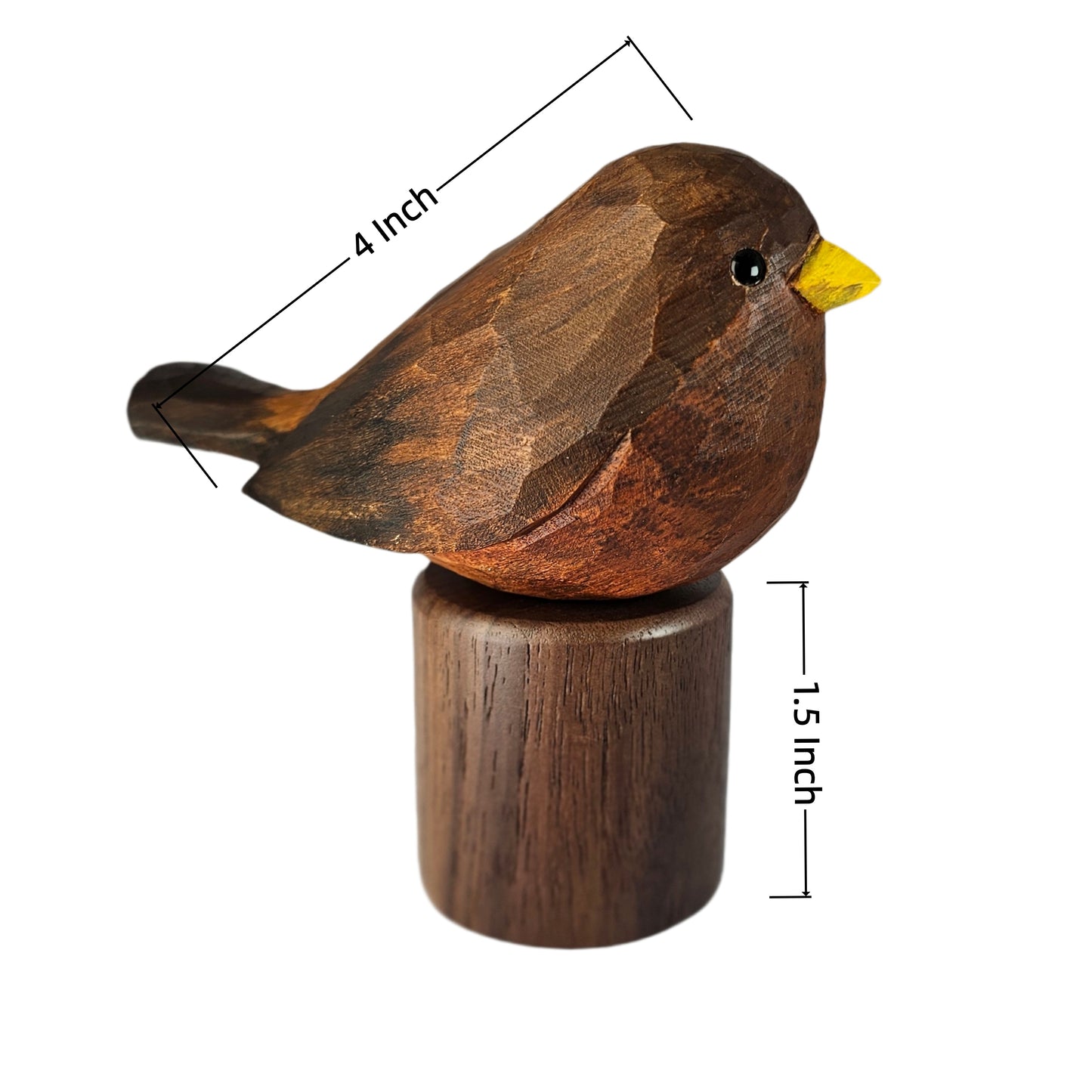 A carved wooden Eurasian Blackbird figurine with a yellow beak perched on a cylindrical wooden base, shown on a white background with dimension lines indicating 4 inch length and 1.5 inch height.