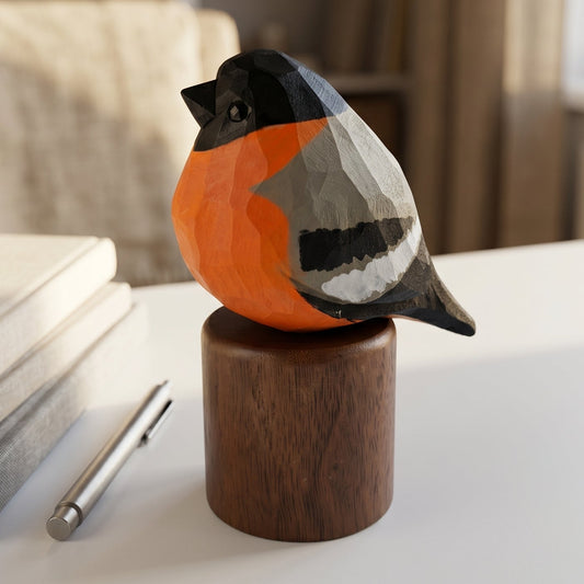 A geometric, faceted wooden Eurasian bullfinch figurine in orange, black, gray, and white, mounted on a dark brown cylindrical wooden base. The figurine is displayed on a white table in a softly lit, modern living room setting next to stacked books and a pen.