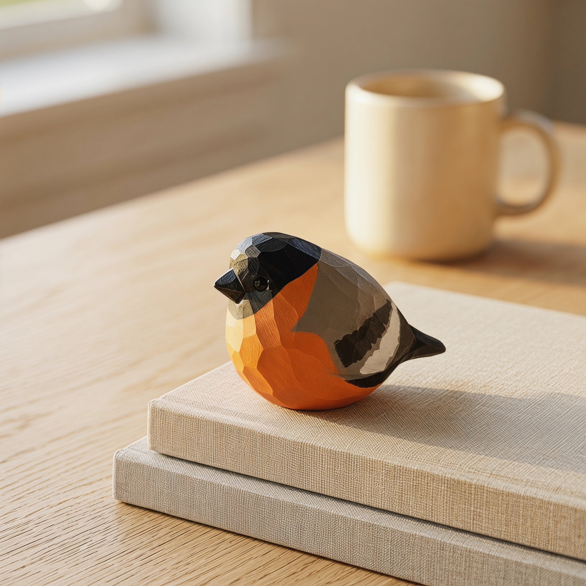 A faceted geometric Eurasian bullfinch figurine in orange, black, gray, and white sits on top of two beige books on a light wood table, with a blurred beige mug in the background.
