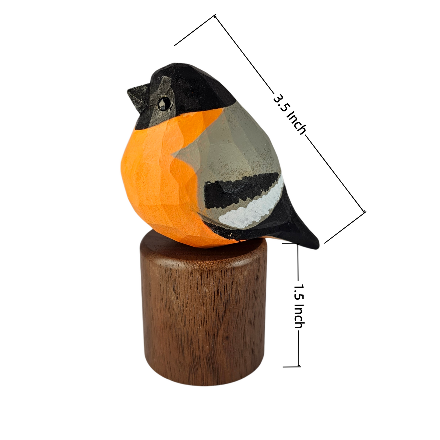 A carved wooden Eurasian bullfinch figurine with a bright orange chest, black head and back, gray wings, and a white underbelly, mounted on a cylindrical wooden base. Black dimension lines with text reading 3.
