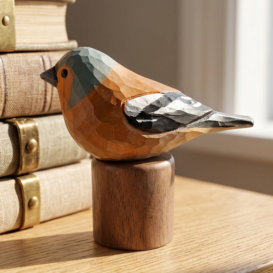 A faceted wooden Eurasian chaffinch figurine with a warm orange-brown body, pale yellow underbelly, and gray-black wings, perched on a small wooden base on a wooden table beside stacked books near a window.