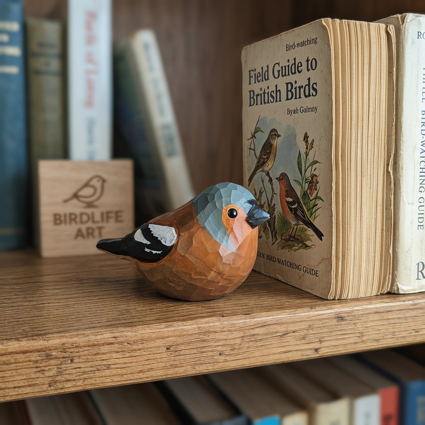 A geometric, faceted wooden Eurasian chaffinch figurine of a chinkill or bullfinch sits on a wooden bookshelf next to a vintage book titled 'Field Guide to British Birds'.
