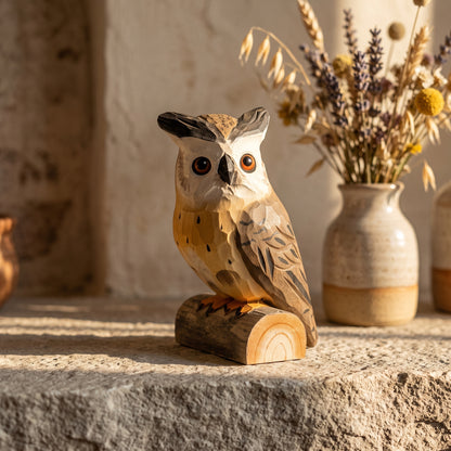 Hand Carved & Hand Painted Eurasian Eagle-Owl Figurine | Basswood | H 4 Inch Wooden Owl Sculpture