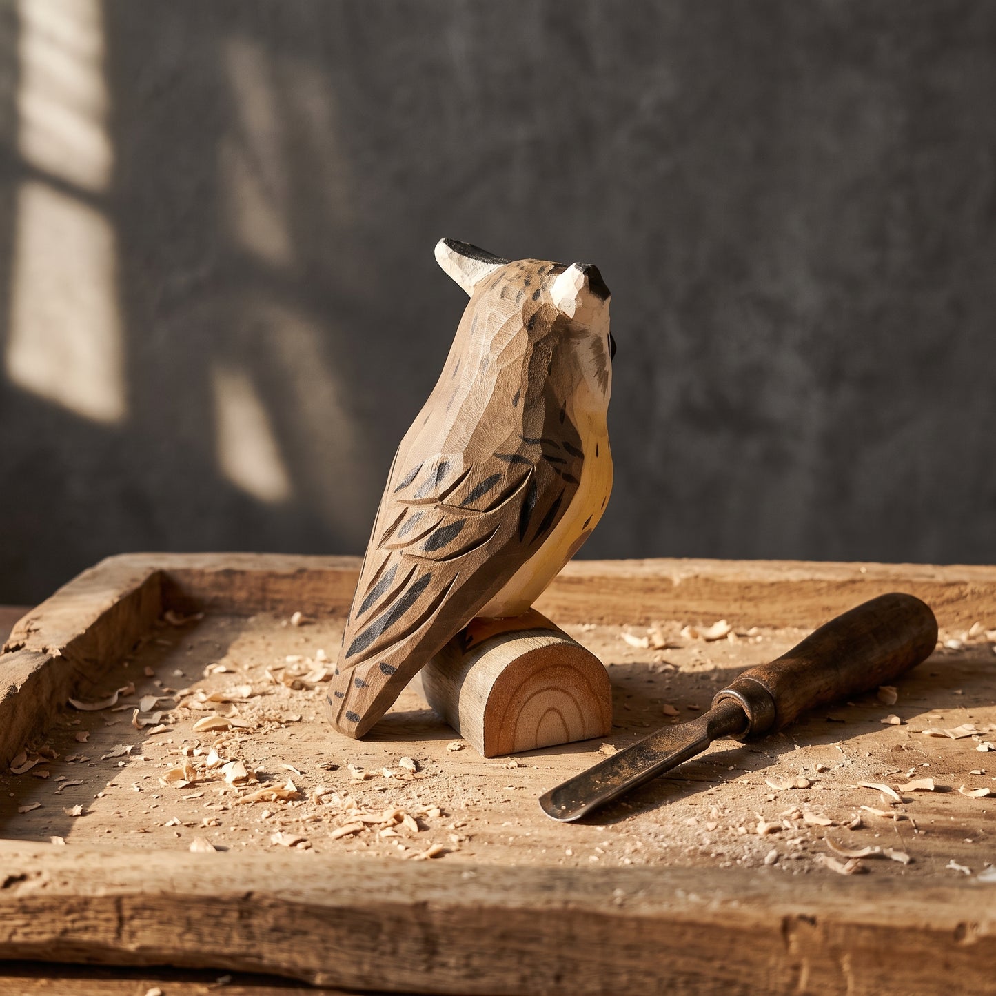 Hand Carved & Hand Painted Eurasian Eagle-Owl Figurine | Basswood | H 4 Inch Wooden Owl Sculpture