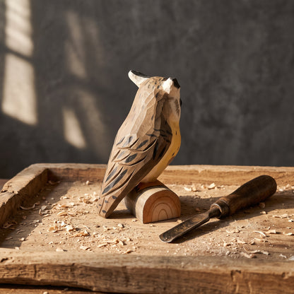 Hand Carved & Hand Painted Eurasian Eagle-Owl Figurine | Basswood | H 4 Inch Wooden Owl Sculpture