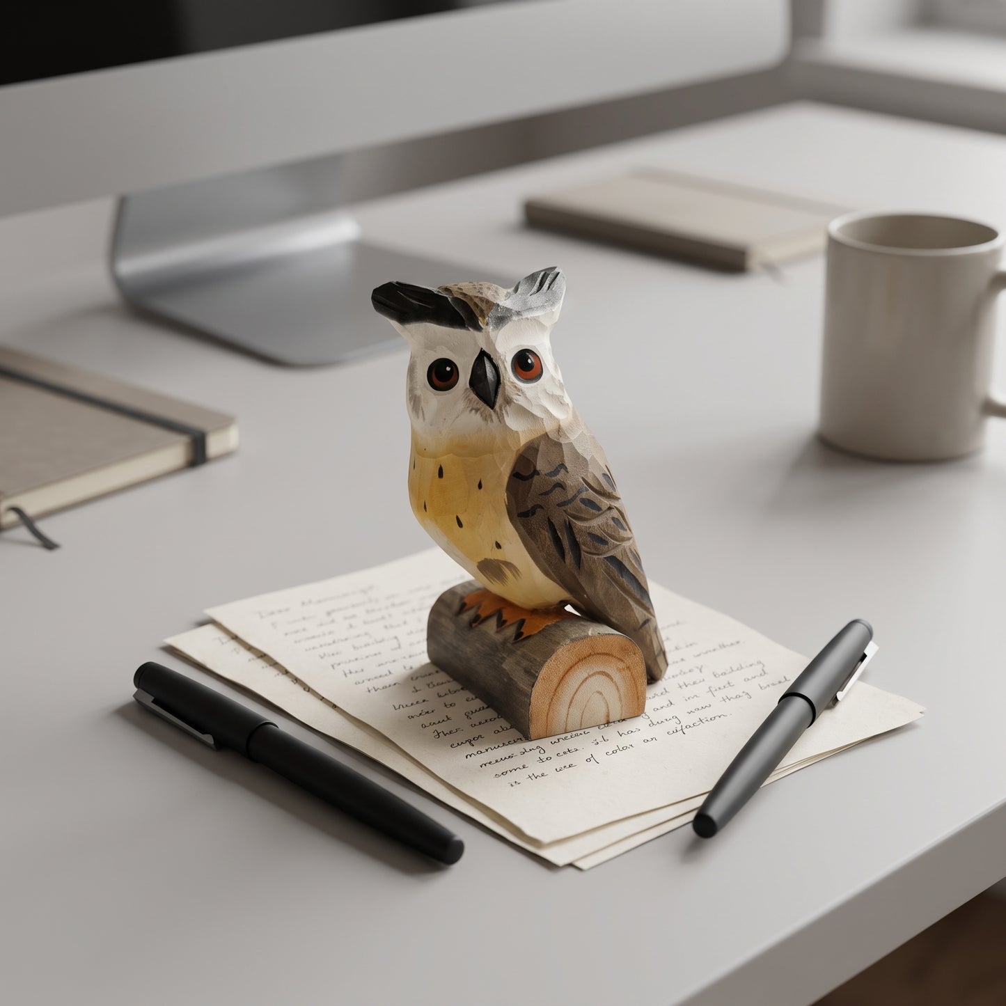 Hand Carved & Hand Painted Eurasian Eagle-Owl Figurine | Basswood | H 4 Inch Wooden Owl Sculpture