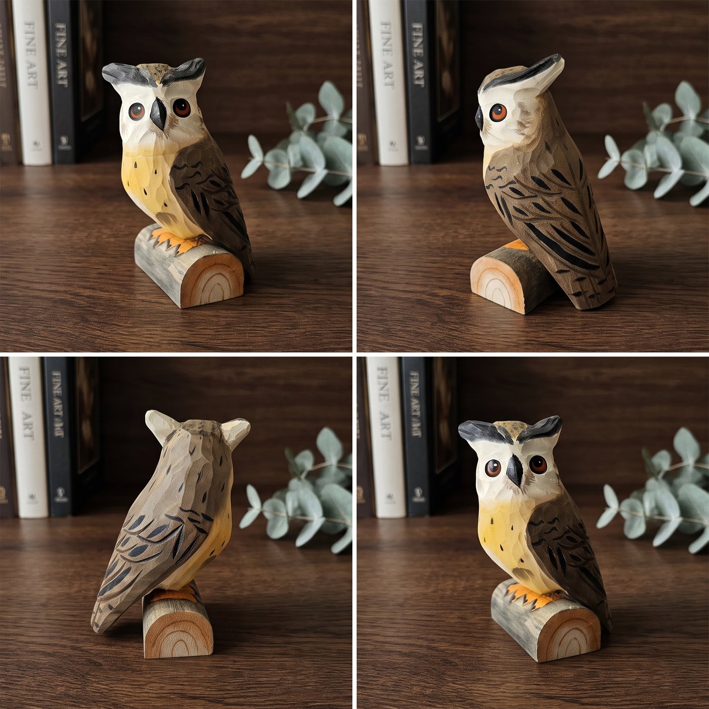Hand Carved & Hand Painted Eurasian Eagle-Owl Figurine | Basswood | H 4 Inch Wooden Owl Sculpture