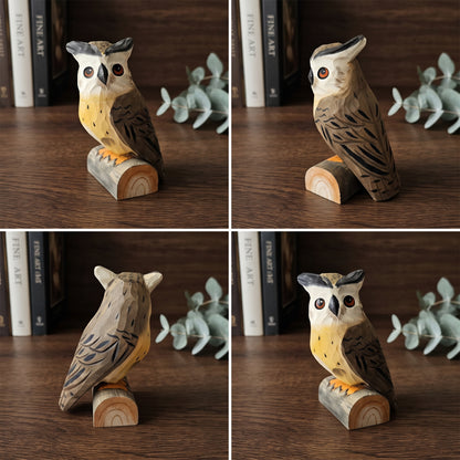 Hand Carved & Hand Painted Eurasian Eagle-Owl Figurine | Basswood | H 4 Inch Wooden Owl Sculpture