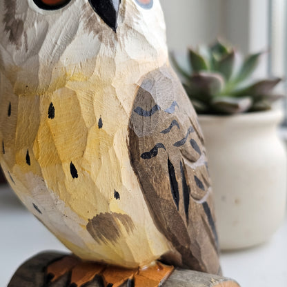 Hand Carved & Hand Painted Eurasian Eagle-Owl Figurine | Basswood | H 4 Inch Wooden Owl Sculpture