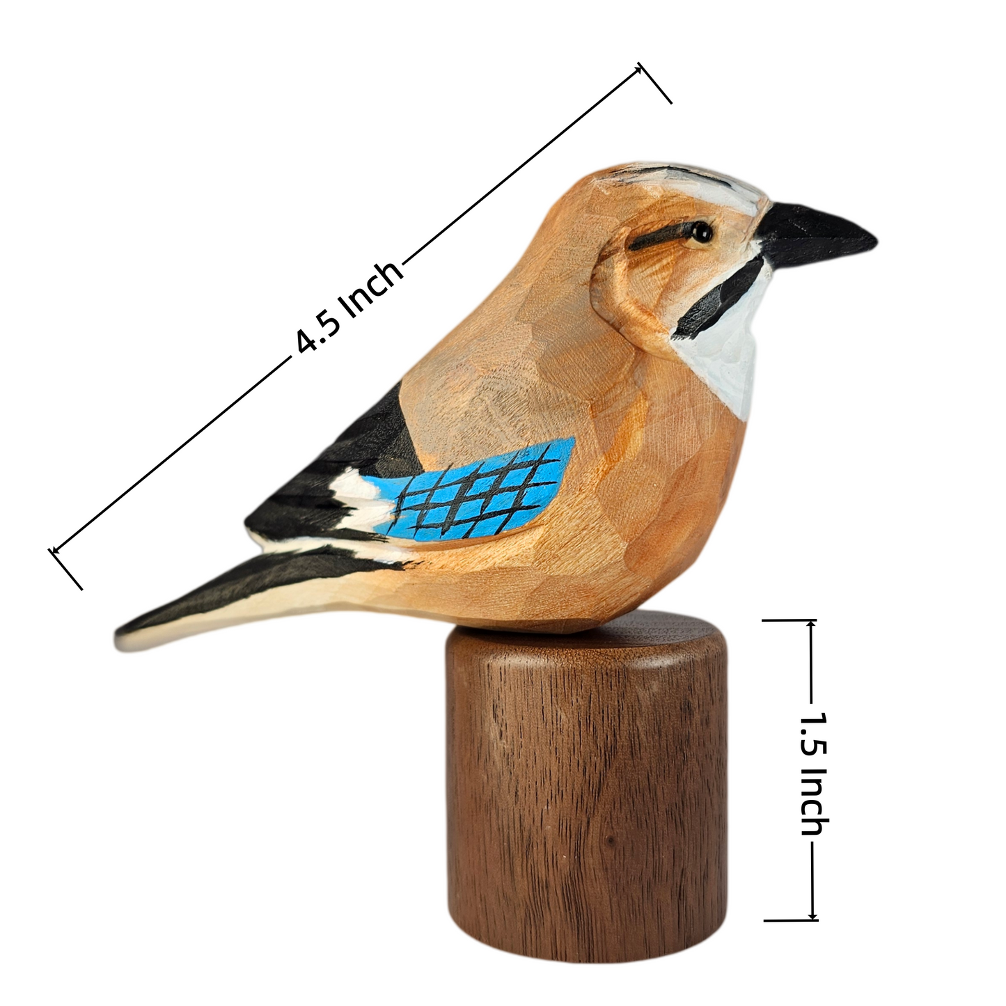 A carved wooden Eurasian jay figurine perched on a cylindrical wooden base, shown on a white background with dimension lines indicating 4.5 inch length and 1.
