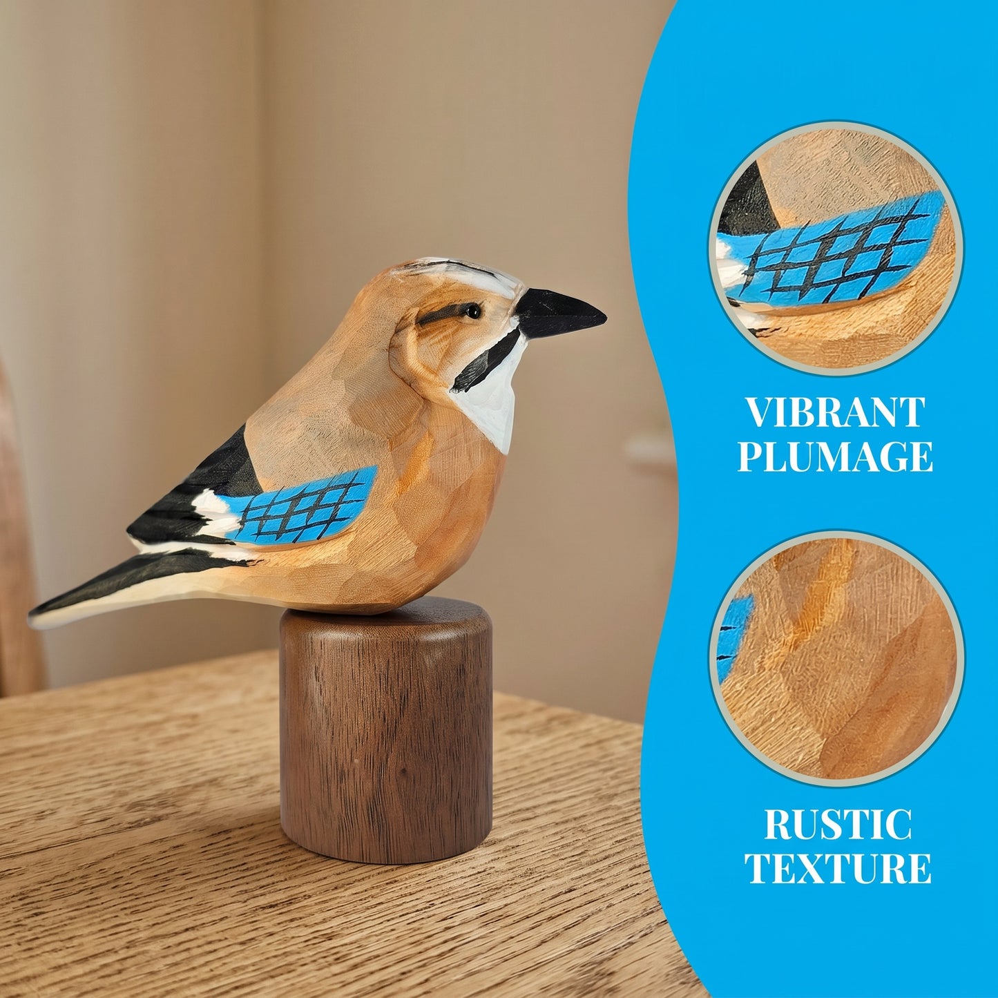A handcrafted wooden Eurasian jay sculpture perched on a cylindrical wooden base, shown on a tabletop with a blue graphic panel on the right highlighting the wood grain and painted plumage details.