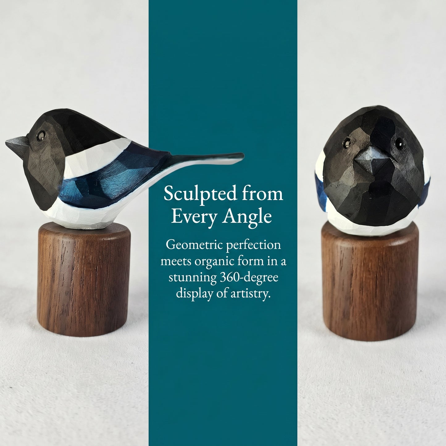 A geometric Eurasian magpie sculpture shown from two angles on a light gray background, mounted on a round wooden base. The sculpture has a faceted, low-poly style with black, white, and blue sections.