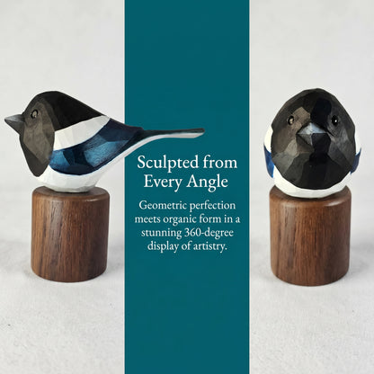 A geometric Eurasian magpie sculpture shown from two angles on a light gray background, mounted on a round wooden base. The sculpture has a faceted, low-poly style with black, white, and blue sections.