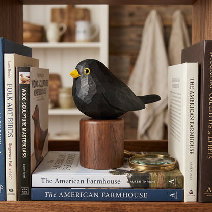 A Eurasian Blackbird sculpture with a yellow beak and eye, mounted on a round wooden base, displayed on a bookshelf between books.
