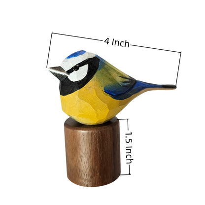 Hand Carved & Hand Painted Eurasian Blue Tit Figurine | Basswood with Black Walnut Base