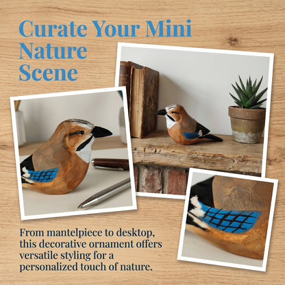 Decorative Eurasian jay figurine shown in multiple styled settings on a wood-textured background, with promotional text reading 'Curate Your Mini Nature Scene.' The figurine is tan-brown with black, white, and bright blue tail details, displayed beside books, a small potted plant, and other desk props.
