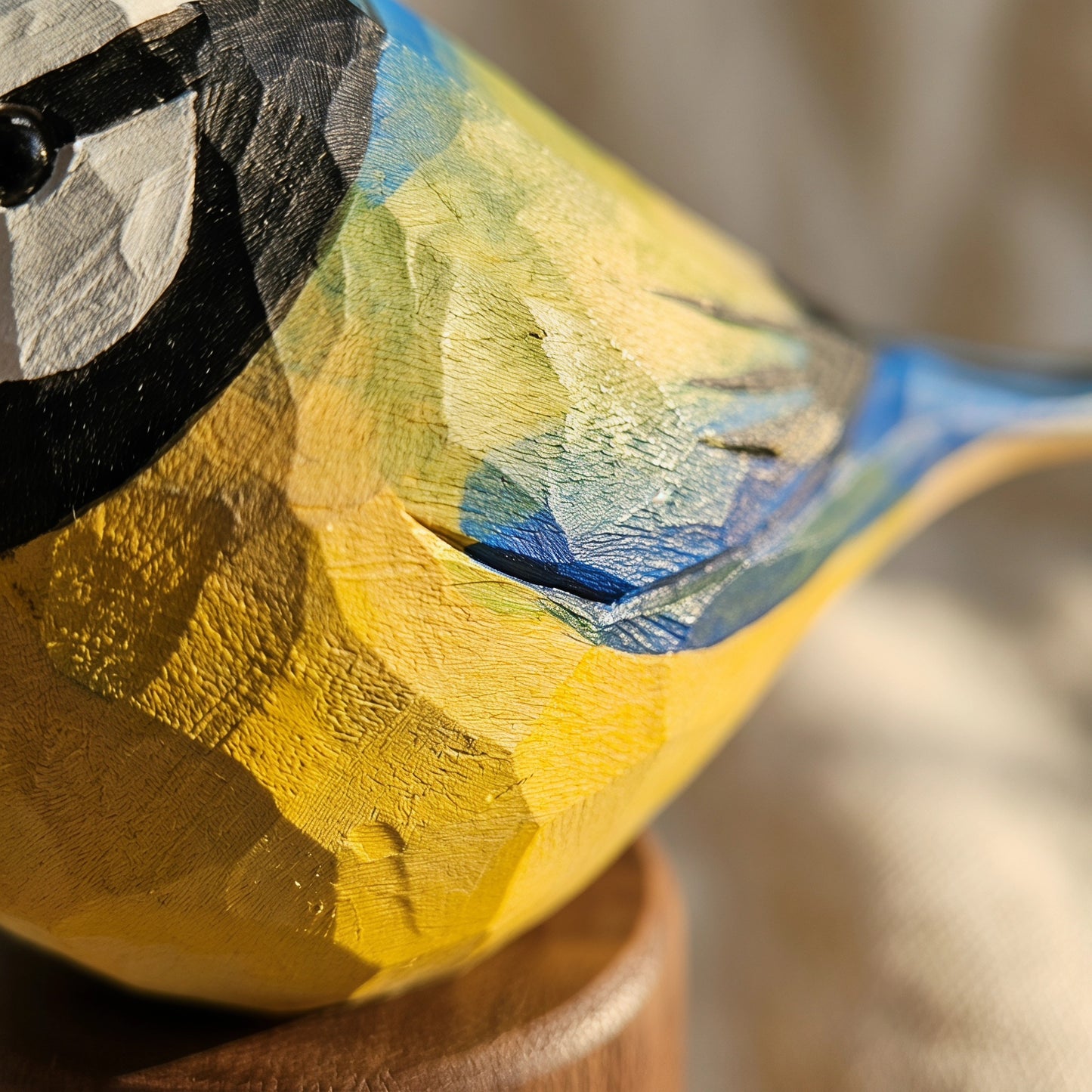Hand Carved & Hand Painted Eurasian Blue Tit Figurine | Basswood with Black Walnut Base