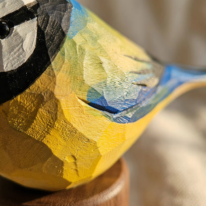 Hand Carved & Hand Painted Eurasian Blue Tit Figurine | Basswood with Black Walnut Base