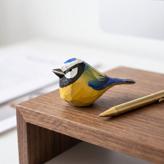 Hand Carved & Hand Painted Eurasian Blue Tit Figurine | Basswood with Black Walnut Base