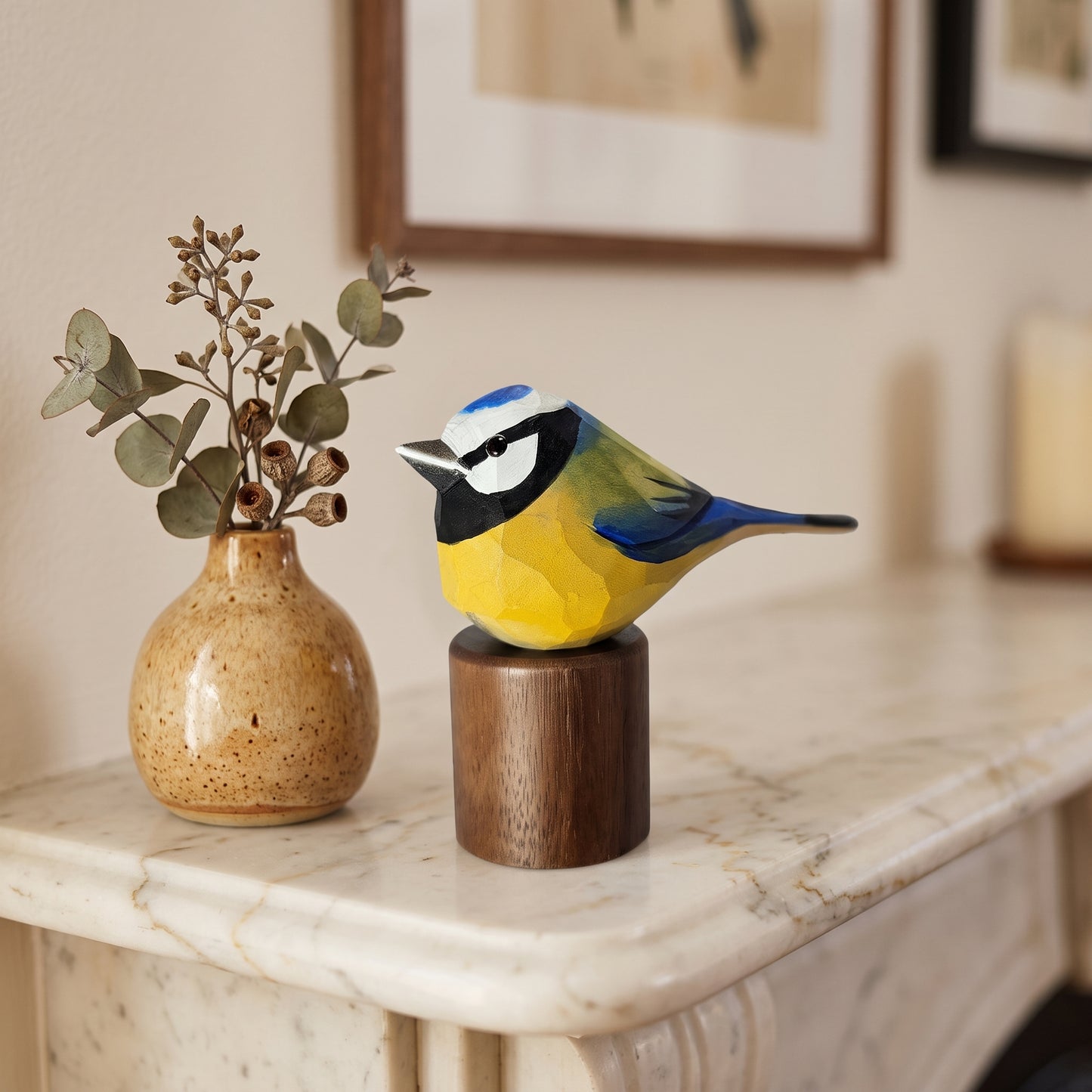 Hand Carved & Hand Painted Eurasian Blue Tit Figurine | Basswood with Black Walnut Base