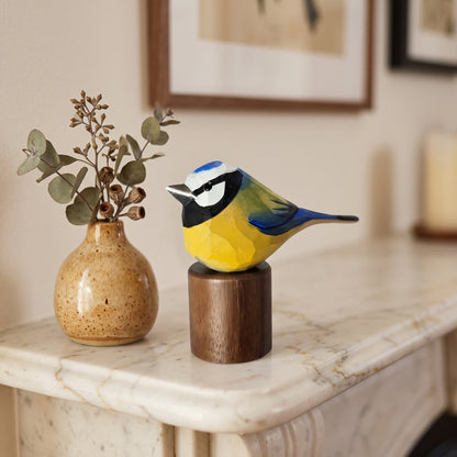 Hand Carved & Hand Painted Eurasian Blue Tit Figurine | Basswood with Black Walnut Base