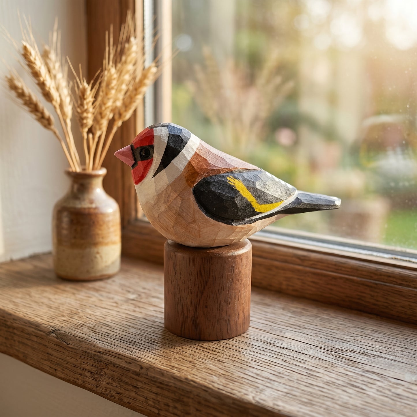 A handcrafted wooden European Goldfinch sculpture with geometric facets, perched on a cylindrical wooden base on a rustic wooden windowsill. A small ceramic vase with dried wheat stalks sits in the soft-focus background near the window.