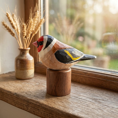 A handcrafted wooden European Goldfinch sculpture with geometric facets, perched on a cylindrical wooden base on a rustic wooden windowsill. A small ceramic vase with dried wheat stalks sits in the soft-focus background near the window.