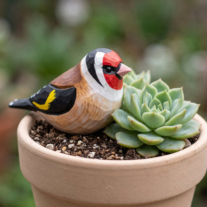A painted European Goldfinch garden statue perched beside a small green succulent in a terracotta pot, photographed outdoors with a softly blurred garden background.